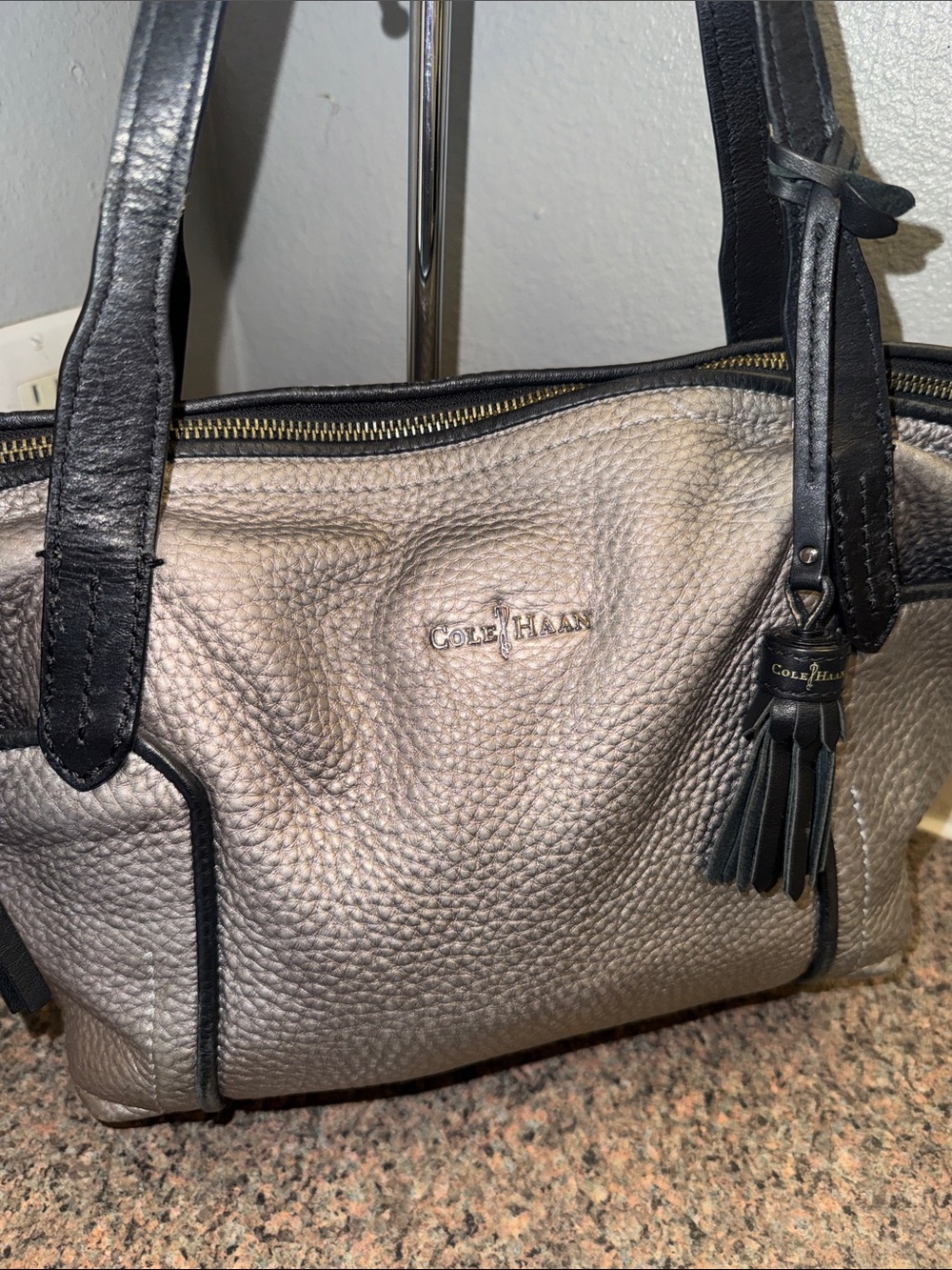 Cole Haan Metallic silver Pebbled Leather Tote with Black Trim EUC